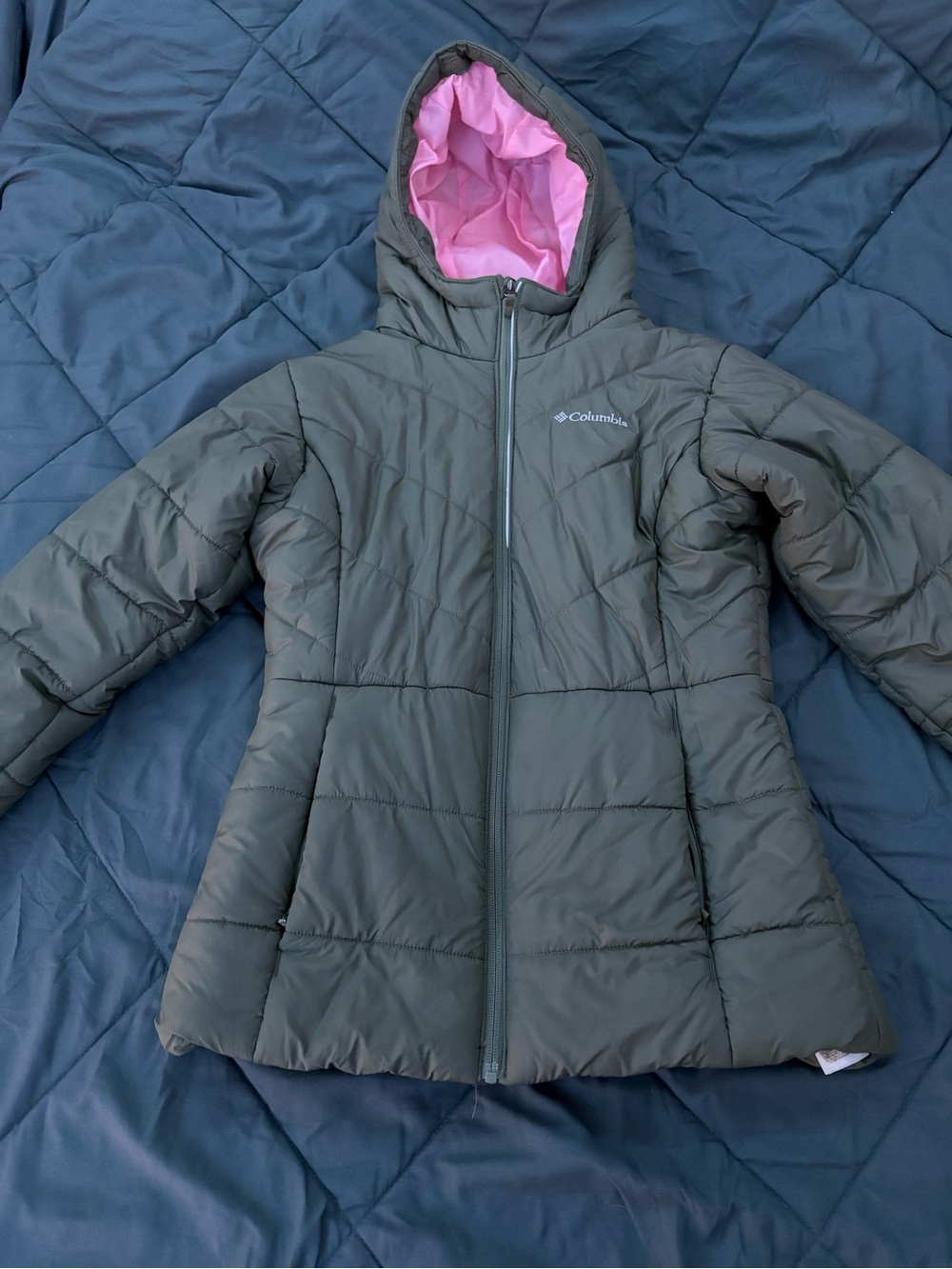 Columbia Olive Green Hooded Puffer Jacket with Pink Lining